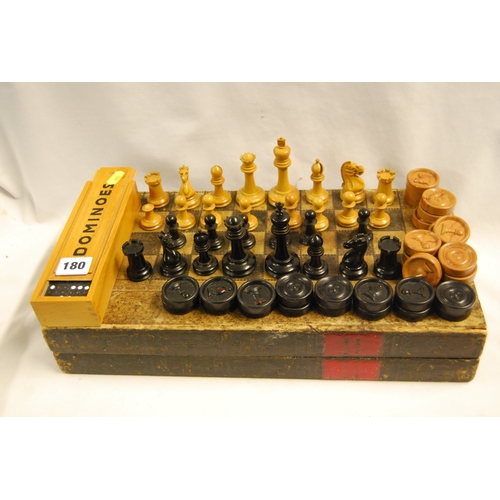 180 - CARVED WOOD CHESS SET (2 PAWNS MISSING, 1 A/F), SET OF DRAUGHTS & DOMINOES WITH CHESS BOARD BOX
