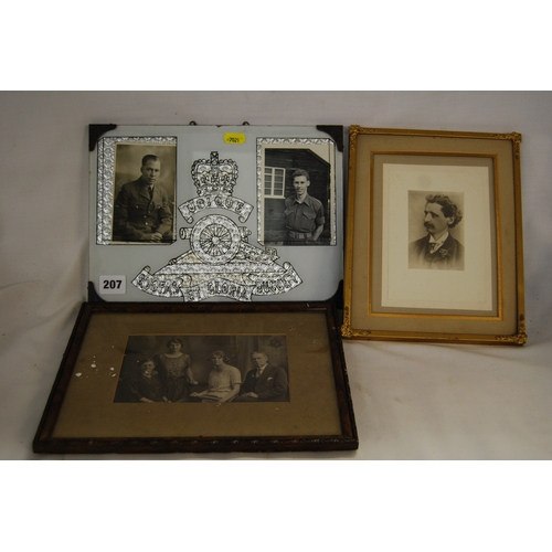 207 - MILITARY FRAMED EMBLEM OF THE BRITISH ARMY'S ROYAL REGIMENT OF ARTILLERY, FLANKED BY 2 SOLDIER PHOTO... 