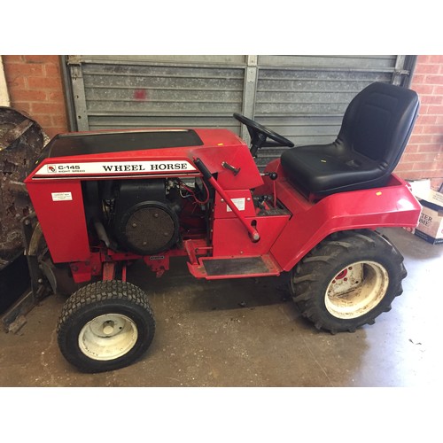 549 - WHEEL HORSE C-145 EIGHT SPEED GARDEN TRACTOR WITH GRADER BLADE, SNOW/DOZER BLADE, MOLDBOARD PLOUGH &... 
