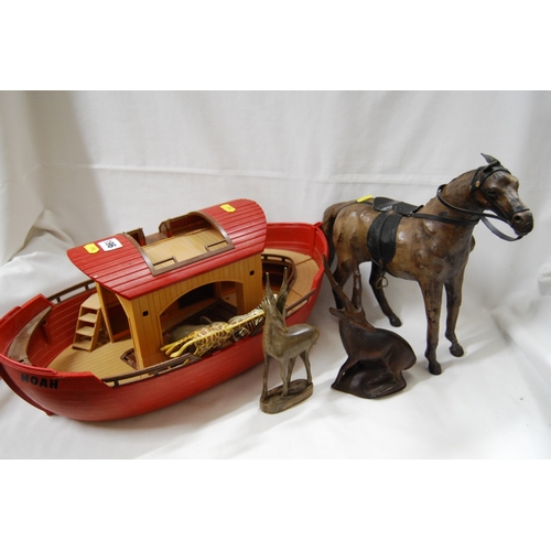 196 - VINTAGE LEATHER HORSE, PLAYMOBIL PLASTIC NOAH'S ARK, 2 HARDWOOD CARVED GAZELLES