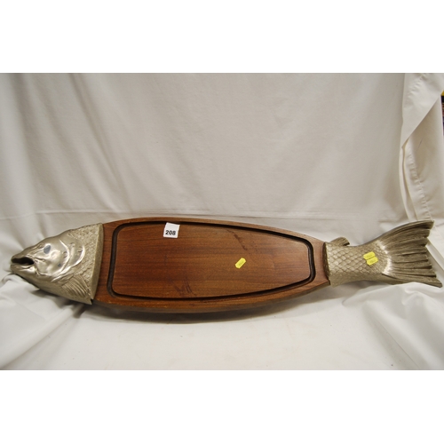 208 - VINTAGE FISH SERVING BOARD IN SHAPE OF A SALMON WITH METAL HEAD & TAIL