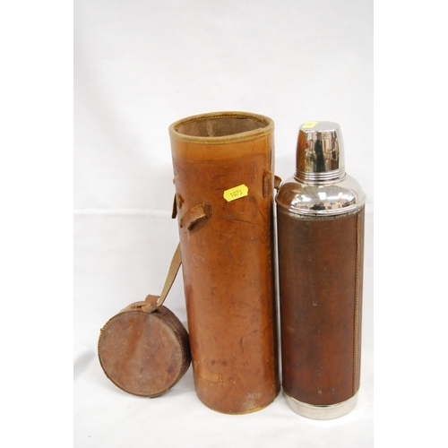 215 - VINTAGE LONG LEATHER HUNTING FLASK CASE WITH FLASK INSIDE
