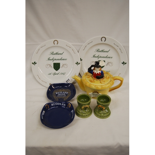 217 - 2 X 1997 RUTLAND INDEPENDENCE PLATES, TEAPOT & RUTLAND EGG CUPS AND 2 RUDDLES DISHES