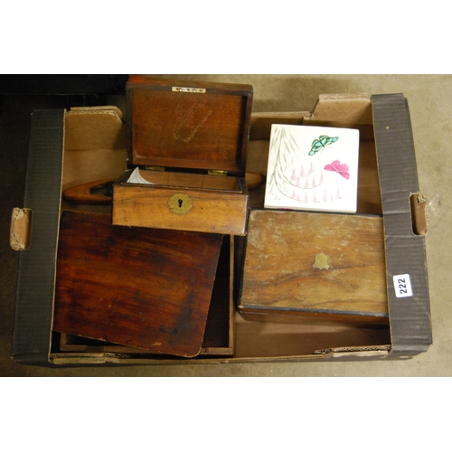 222 - 3 X 19TH CENTURY BOXES, WEAVING SHUTTLE, ETC
