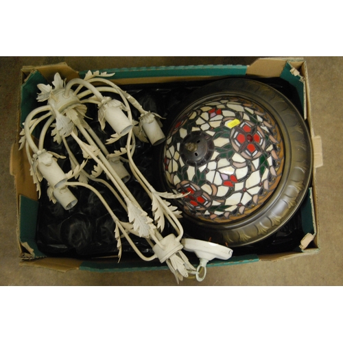 224 - CIRCULAR LEADED LIGHT CENTRE SHADE AND WROUGHT IRON PENDANT LIGHT