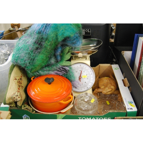 236 - LE CREUSET CAST IRON COOKING POT AND DISH, SET OF SCALES, ETC