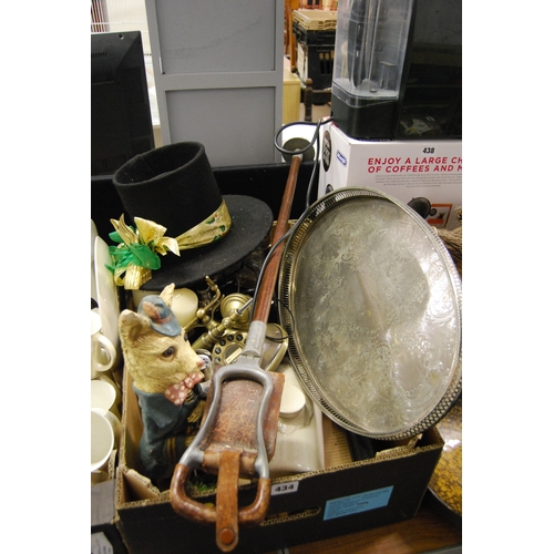 434 - BOX OF MISCELLANEOUS ITEMS INCLUDING OVAL ENGRAVED SILVER PLATED TRAY, TELEPHONE, CANDLES & HOLDERS,... 