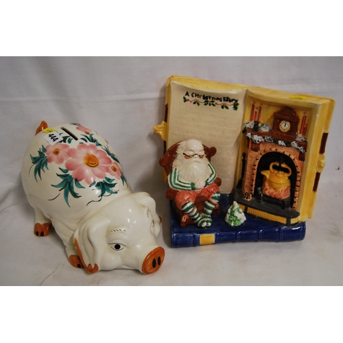 444 - POTTERY PIG MONEY BOX AND CERAMIC CHRISTMAS STORY GROUP