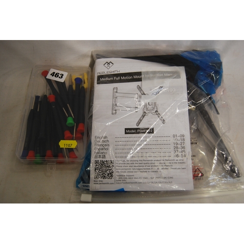 463 - PERLESMITH MEDIUM FULL MOTION MOUNT WALL BRACKET AND SET OF PRECISION SCREW DRIVERS