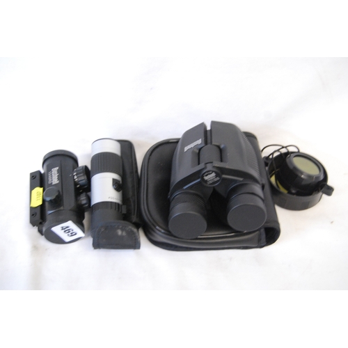469 - BUSHNELL 15-55 X 21 MONOSCOPE, PAIR OF BUSHNELL 7-15 X 25 BINOCULARS, BUSHNELL 1 X 40 RD RIFLE SIGHT