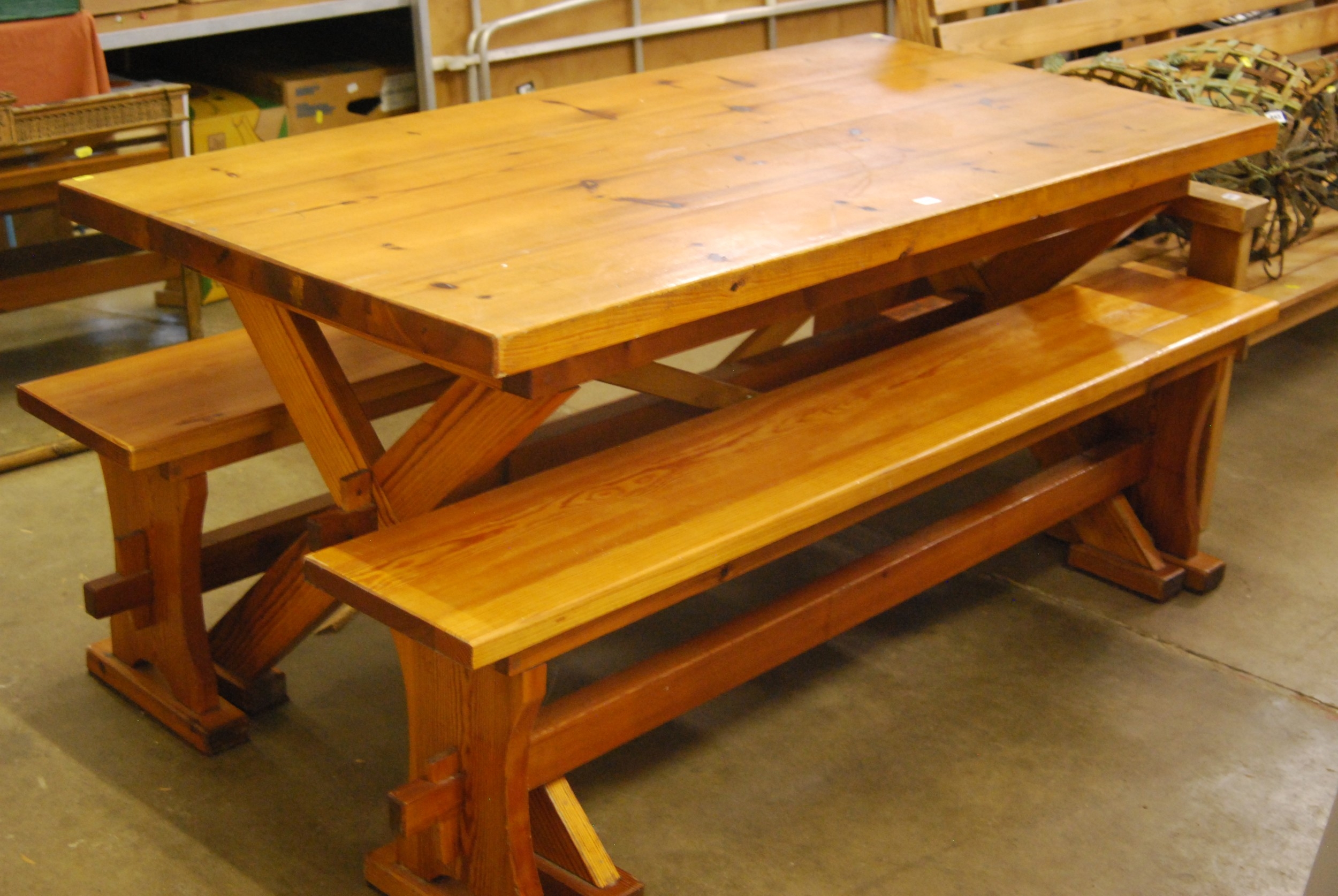 PINE KITCHEN TABLE AND 2 BENCHES