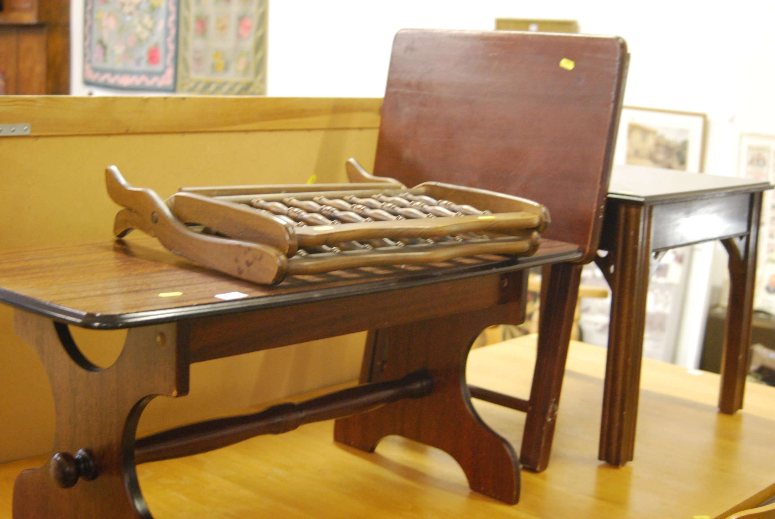 MAHOGANY COFFEE TABLE AND FOLDING MAGAZINE RACK & FOLDING TABLE