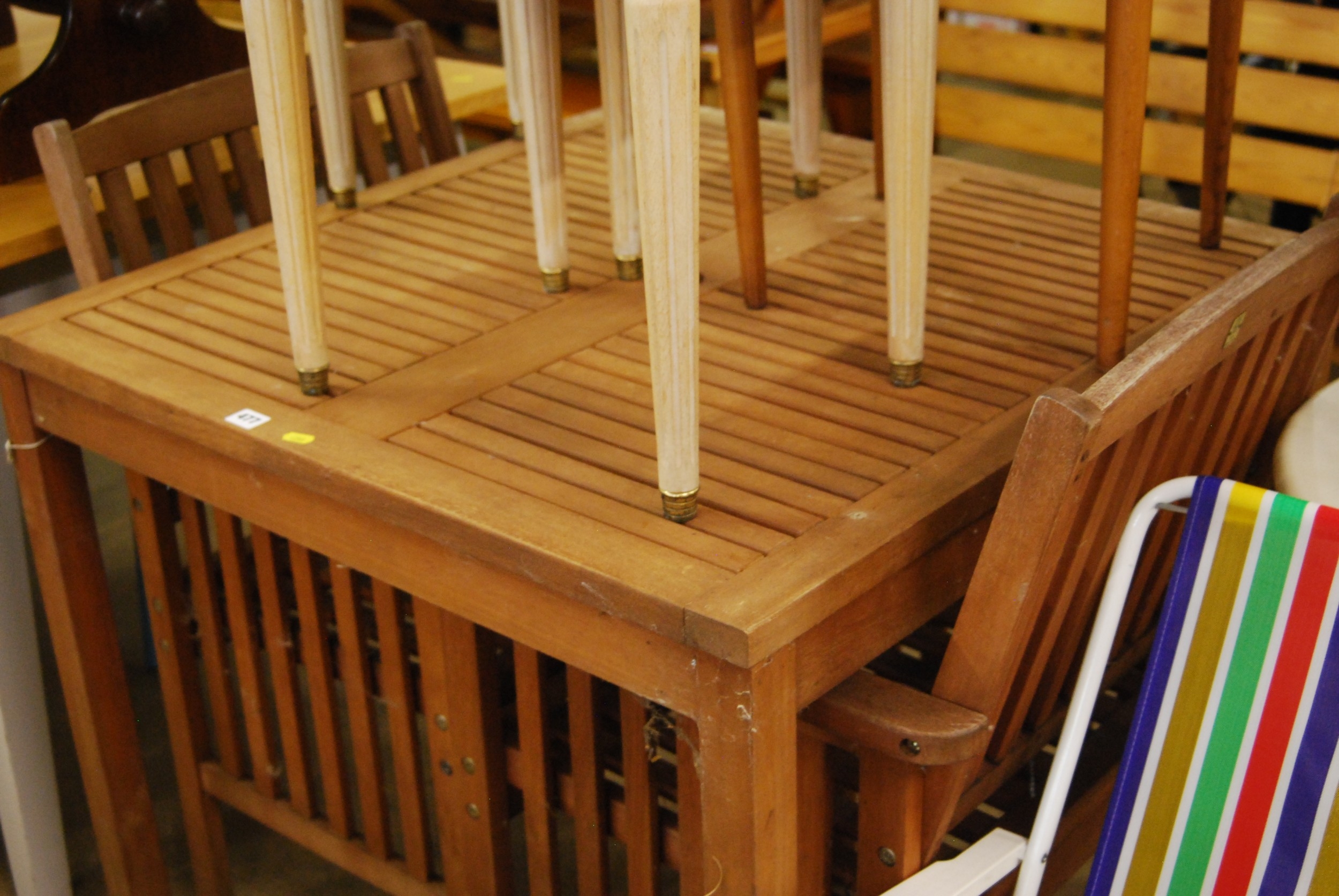 SLATTED TEAK GARDEN TABLE AND 2 CHAIRS