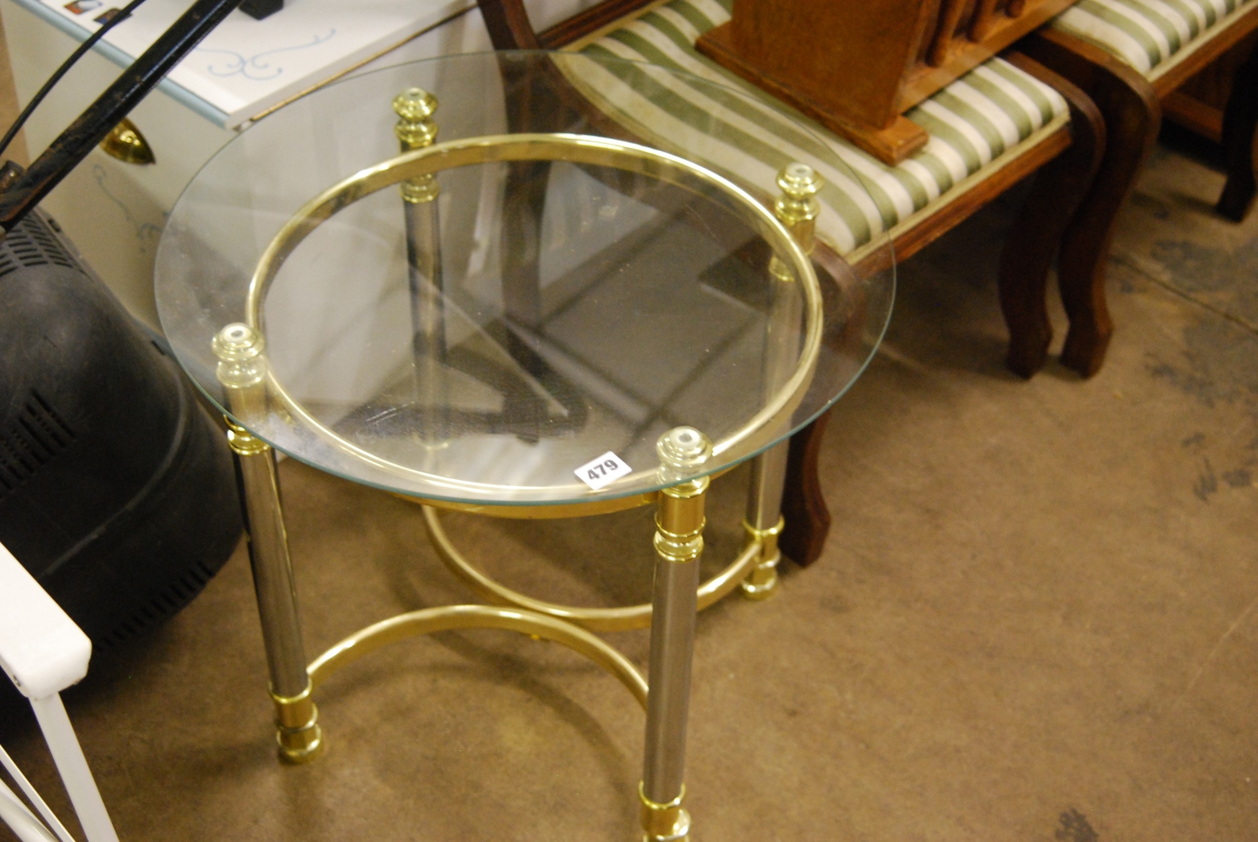 CIRCULAR GLASS TOP COFFEE TABLE ON BRASS STAND