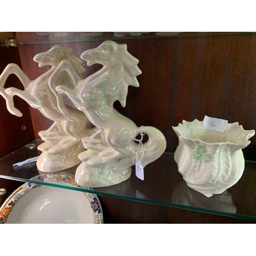 16 - Pair of china horses and small Belleek jardinière
