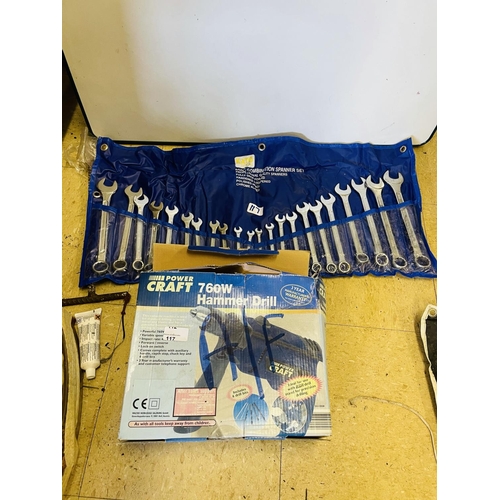 117 - 760w hammer drill and 22 pce combination spanner set