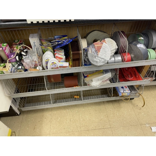 269 - Contents of the rack including hooks, tape, air freshners, sanding/ abrasive rolls