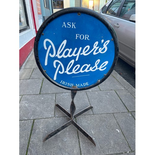 71 - Superb quality 'ASK FOR PLAYERS PLEASE- Irish made' round enamel sign on original iron stand, circa ... 