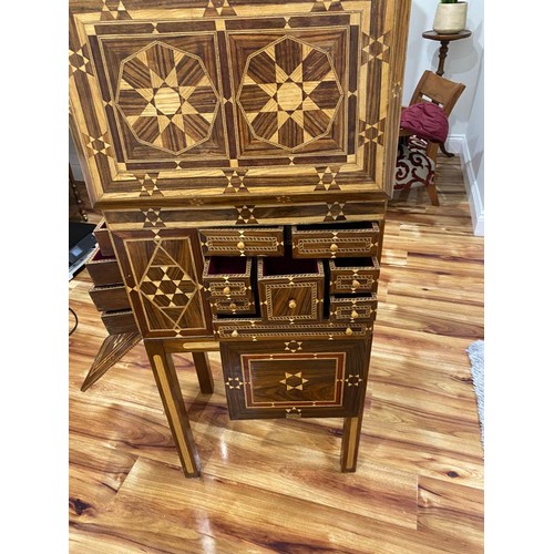 100a - Magnificent inlaid jewelry cabinet on four legs with multiple compartments, 530mm W x 363mm D, x 955... 