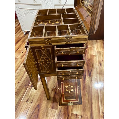 100a - Magnificent inlaid jewelry cabinet on four legs with multiple compartments, 530mm W x 363mm D, x 955... 