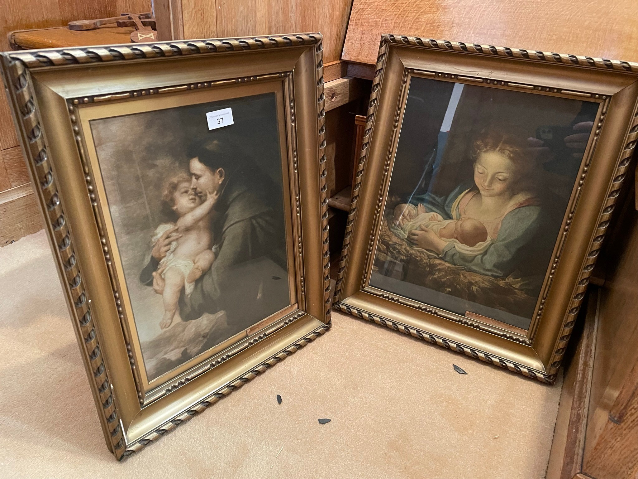 2 gilt framed prints by Correggio and Murillo