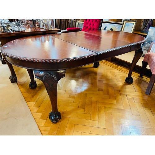 113 - Quality Irish dining table 3' 5'' x 6', extendable with ball and claw feet and sea shell motif