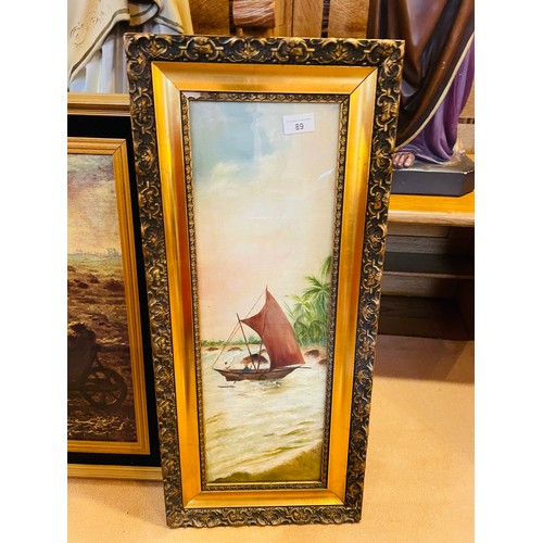 89 - Beautiful original oil on bard depicting an oriental fishing boat, signed 'VS to SM 1927', 32cm x 71... 