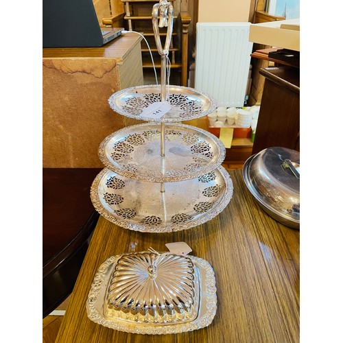 141 - A butter dish and a 3 tier cake stand