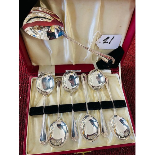 21 - Set of 6 sp spoons and a large serving spoon in original case