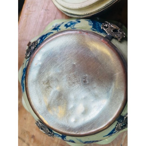 122 - Ornate antique Chinese bowl with lid finished with copper and brass