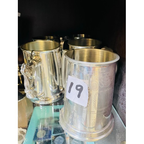 19 - 1 pint pewter tankards, claddagh, fishing and cars