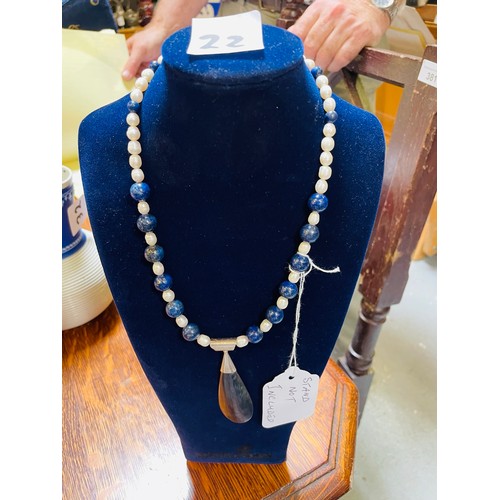 22 - Lapis pearl necklace with .925 silver and shell pendant (stand not included)
