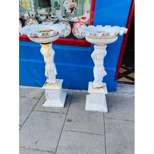 453 - A magnificent heavy pair of cast iron cherub planters, 33''h x 16''d, clean vintage condition