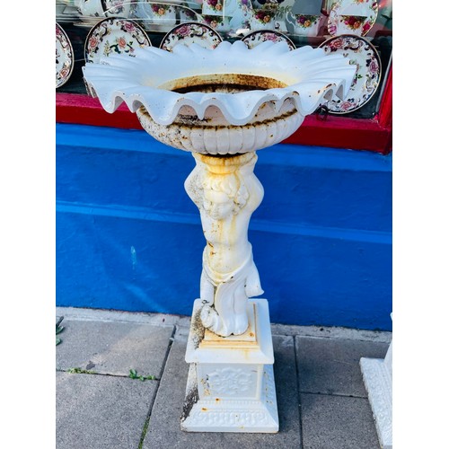 453 - A magnificent heavy pair of cast iron cherub planters, 33''h x 16''d, clean vintage condition