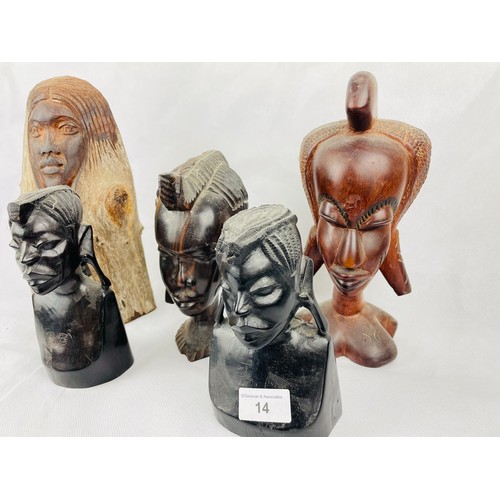 14 - A collection of 5 carved African heads in the style of Benin