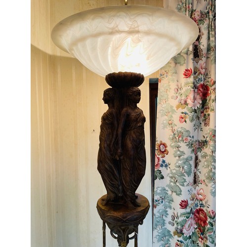 148 - Art Nouveau standard lamp with milk glass shade, mounted with the three graces in high relief, 77''h