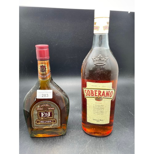 283 - 2 bottles of brandy - E and J Brandy USA 700ml and Soberano Spain