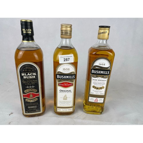 287 - 3 bottles of Bushmills Irish whiskey, 2 bottles triple distilled