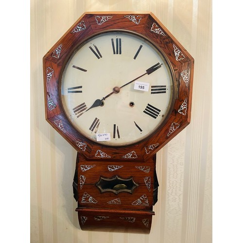 195 - Mother of Pearl inlaid rosewood Victorian eight day wall clock complete with key and pendulum