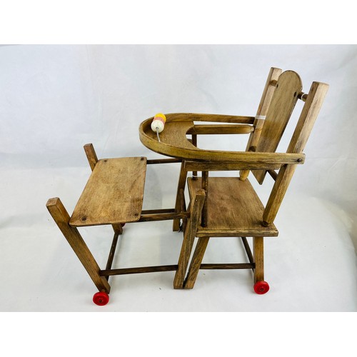 16 - Antique wooden dolls fold over high chair which turns into a push car 30''h