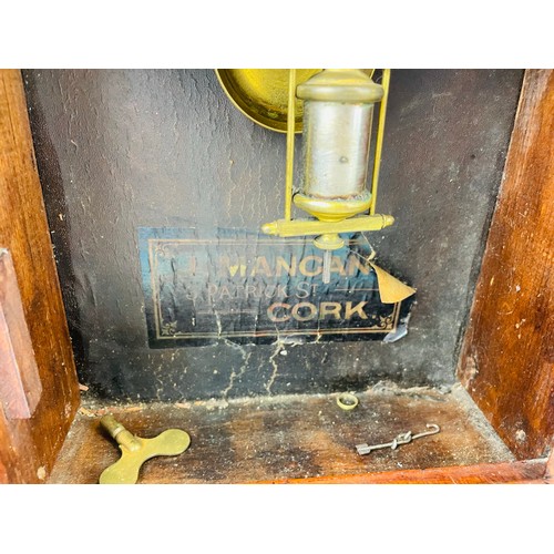 19 - 8 day mantel clock with original label for J Mangan Cork A.F.