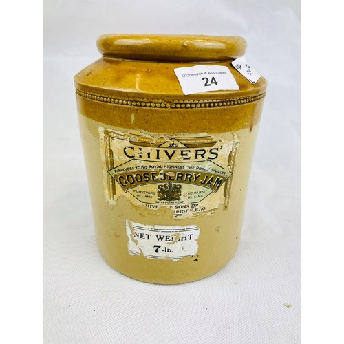 24 - large Jam Crock  with original label  'Chivers jam'