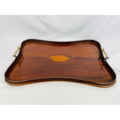 52 - Mahogany Victorian inlaid tray with with brass handles, 21'' x 14''