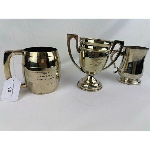 95 - 2 silver plated beer mugs & trophy cup 