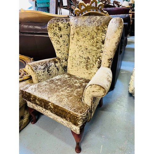 211 - Pair of wing back armchairs in soft crushed velvet  fabric, seat height 17'', width 30''