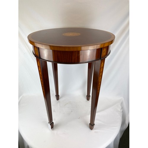 234 - Pair of round vintage Rosewood inlaid occasional Tables with drawer, 20''d x 27''h