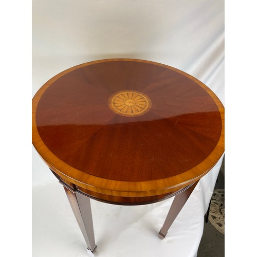 234 - Pair of round vintage Rosewood inlaid occasional Tables with drawer, 20''d x 27''h