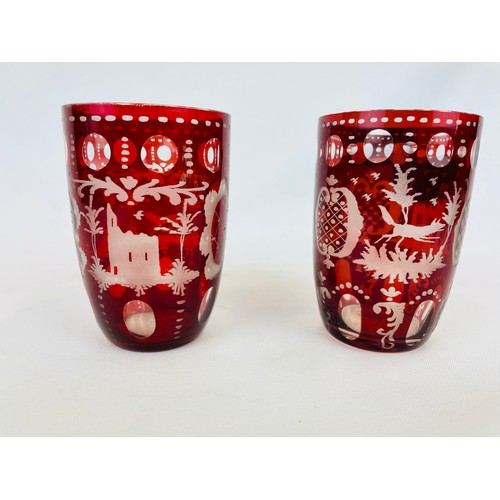 249 - Pair of Victorian Bavarian etched ruby glasses