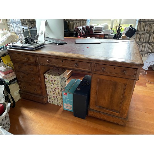 92 - Edwardian Oak office knee hole desk with leather insert 41''d x 30''h x 59''l