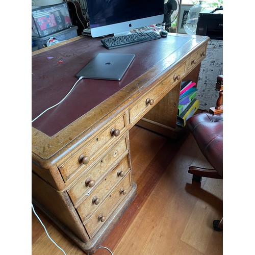 92 - Edwardian Oak office knee hole desk with leather insert 41''d x 30''h x 59''l